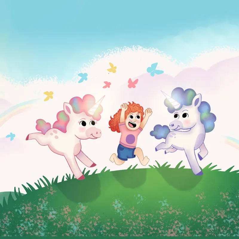 Rosie and the twin unicorns running across a grassy hill among butterflies