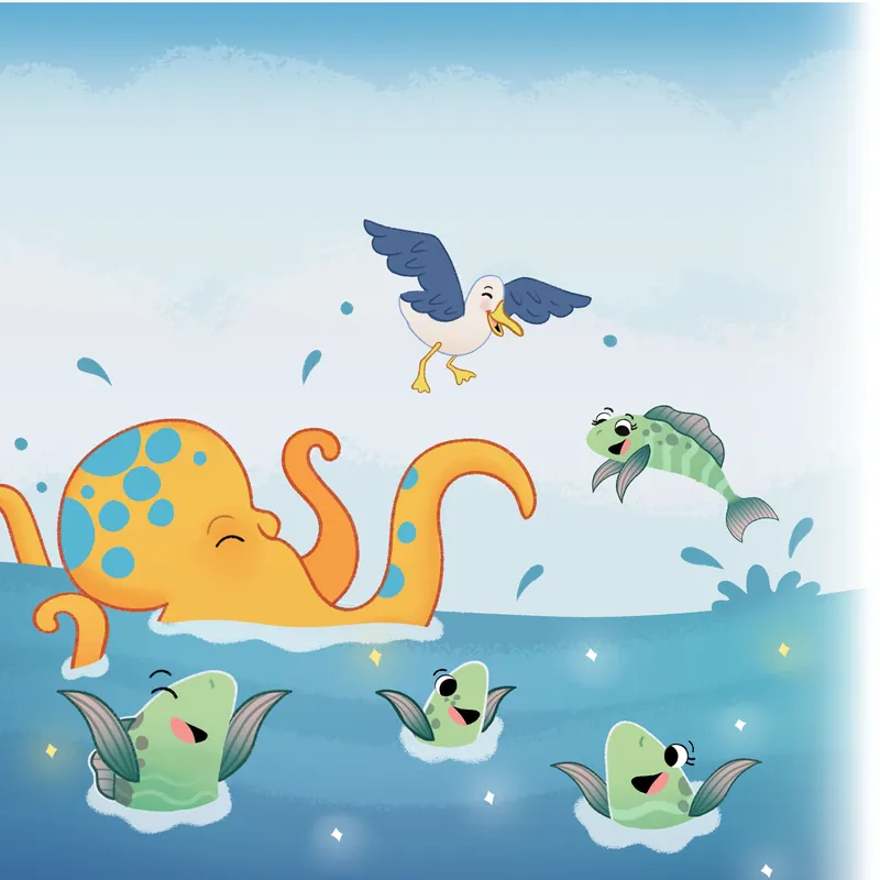 A seagull, an octopus and smiling fish splashing in the sea